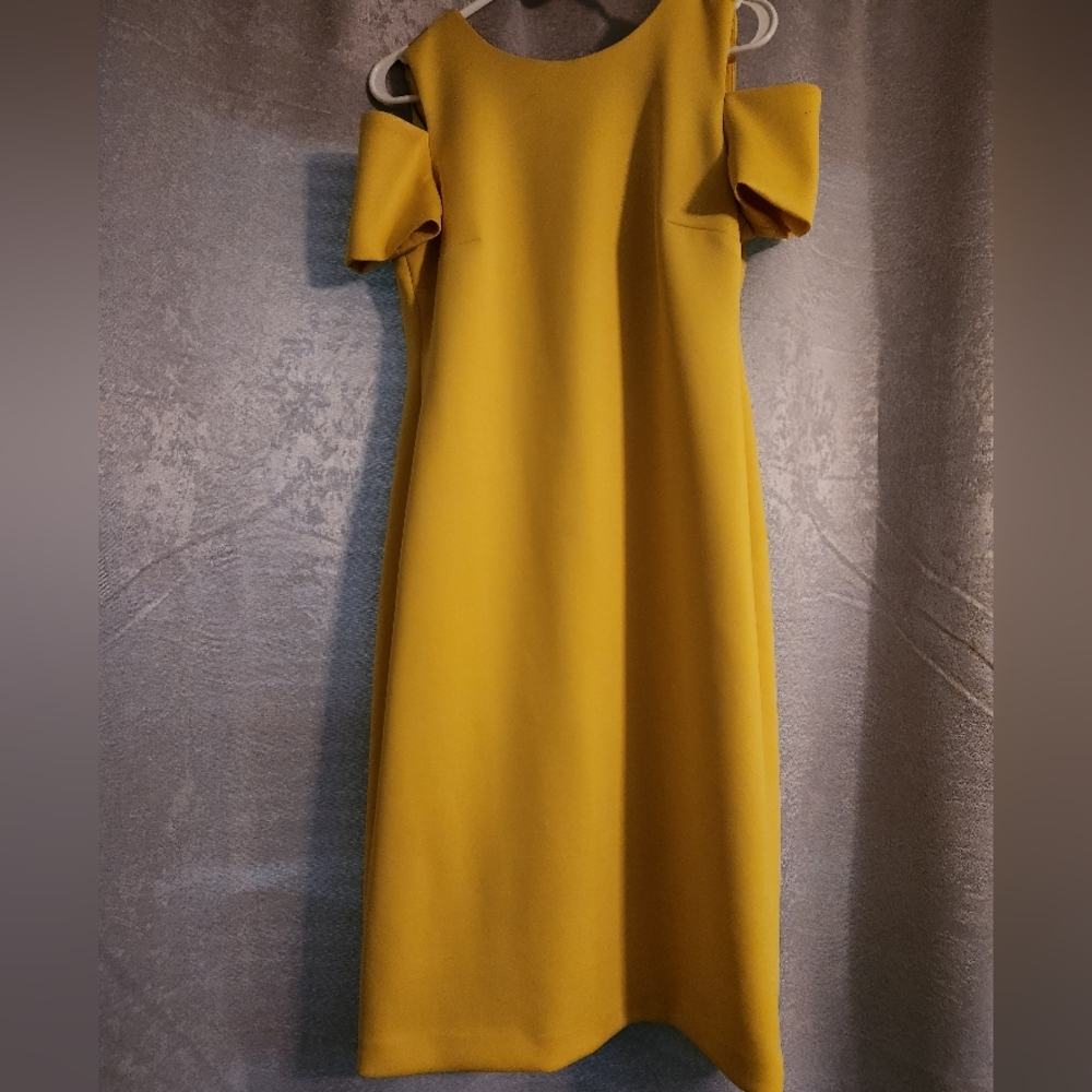 Bright yellow, cold shoulder dress